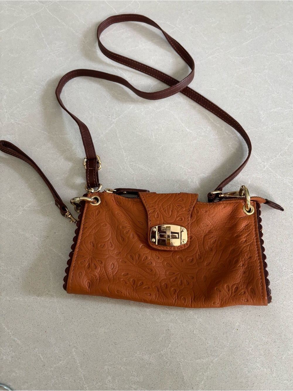Genuine Leather Crossbody Clutch Bag Made in Italy Embossed Floral Scallop Boho